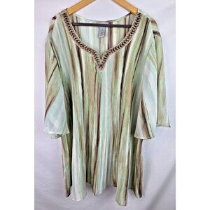Catherines Women's Top Plus Size 4X Green Accordion Short Sleeve Shirt Blouse